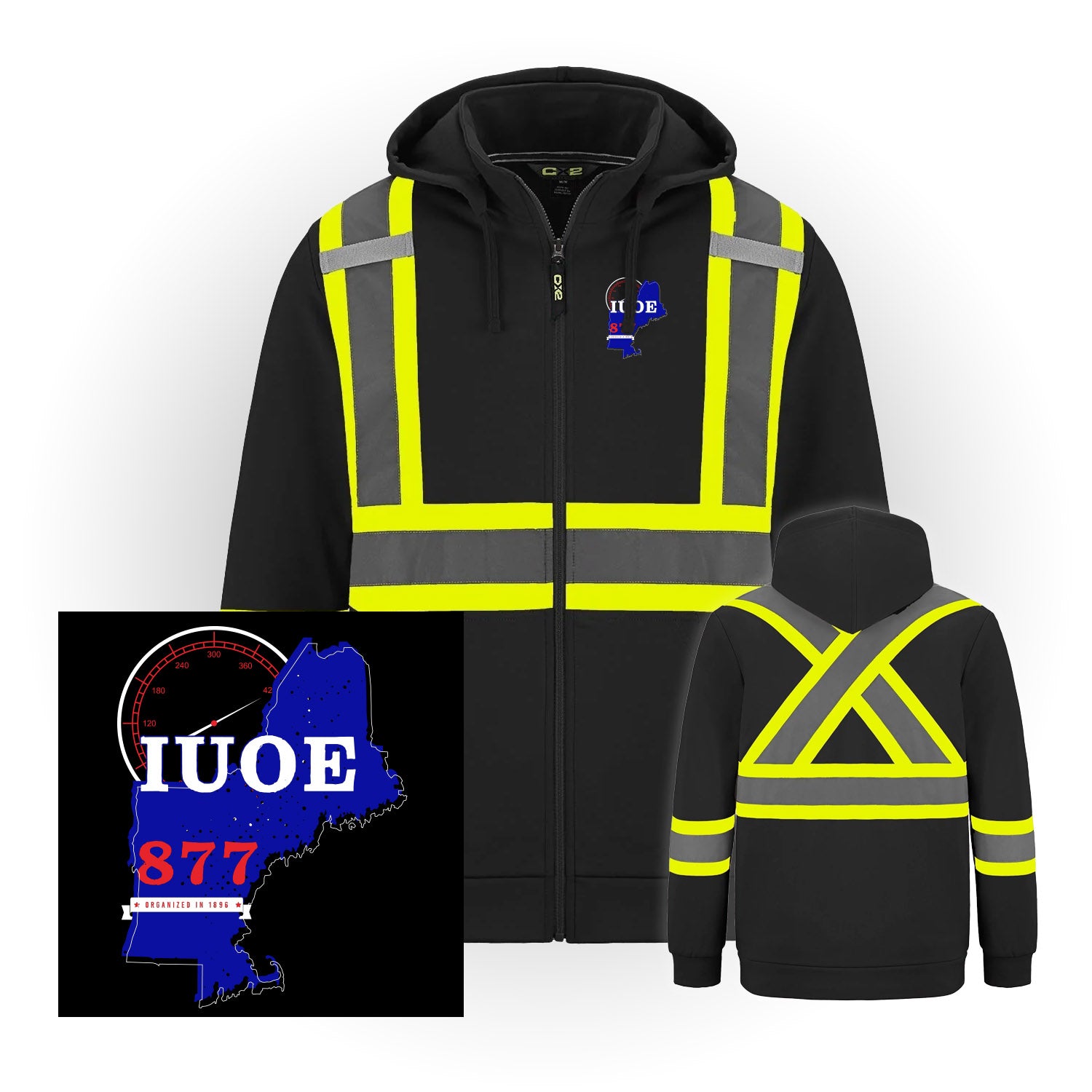 State Shape Logo - Hi-Vis Full Zip - w/ Detachable Hood - IUOE 877