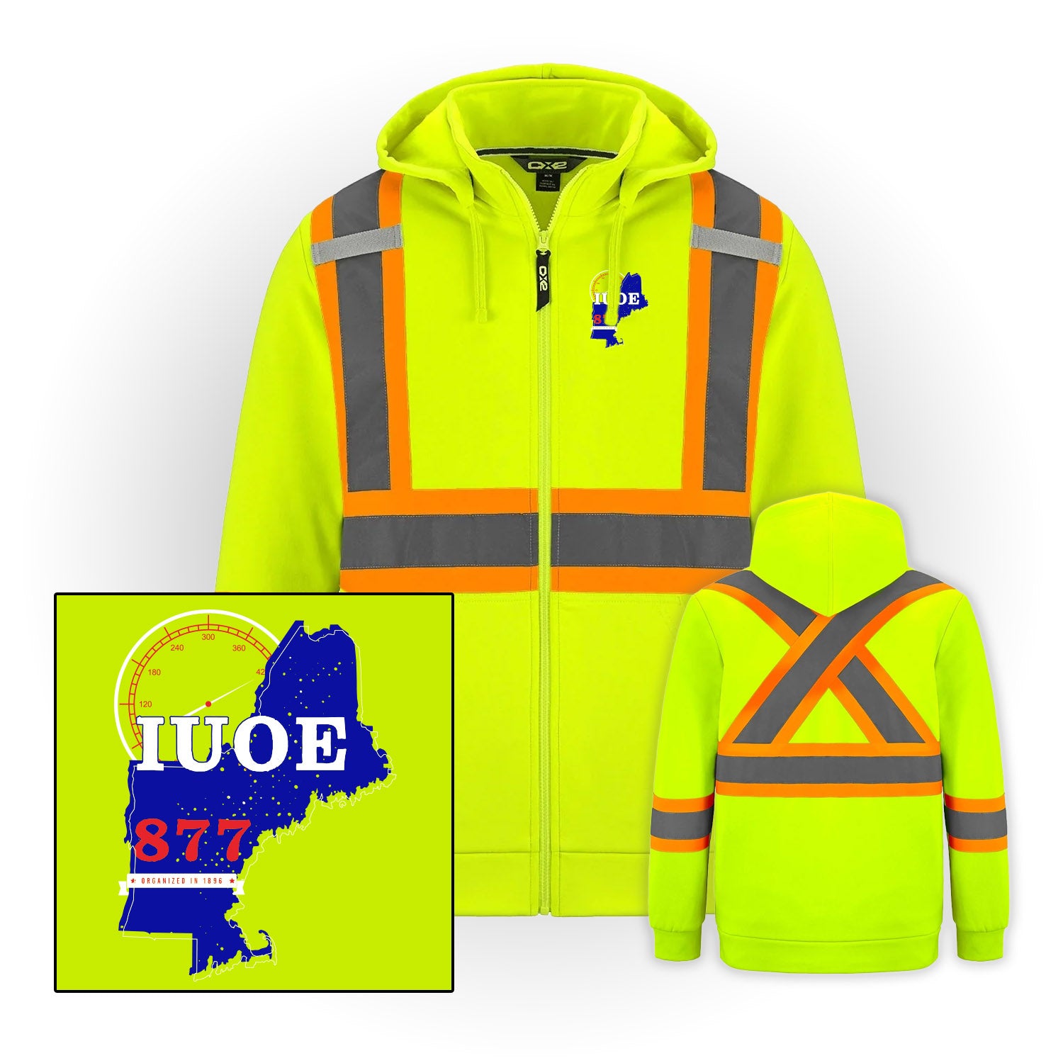 State Shape Logo - Hi-Vis Full Zip - w/ Detachable Hood - IUOE 877